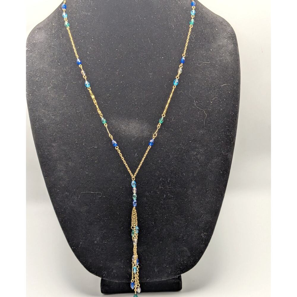 Vintage Gold Tone Blue Crystal Beaded Tassel Y Necklace Scroll 24in Boho